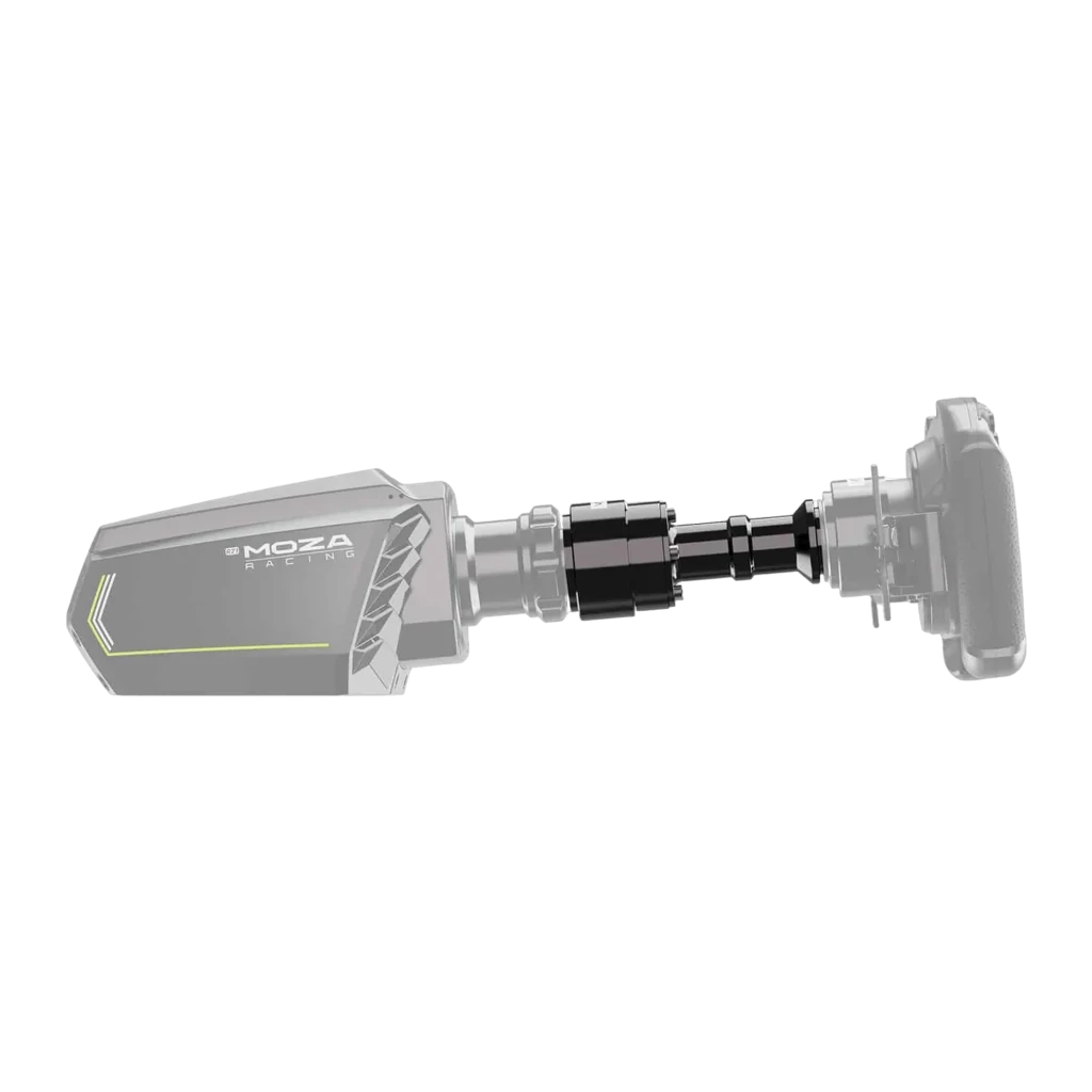 Moza Racing Barra extensora RS061 Negro, vista lateral: extensora negra conectando base y volante translúcidos, ensamblaje