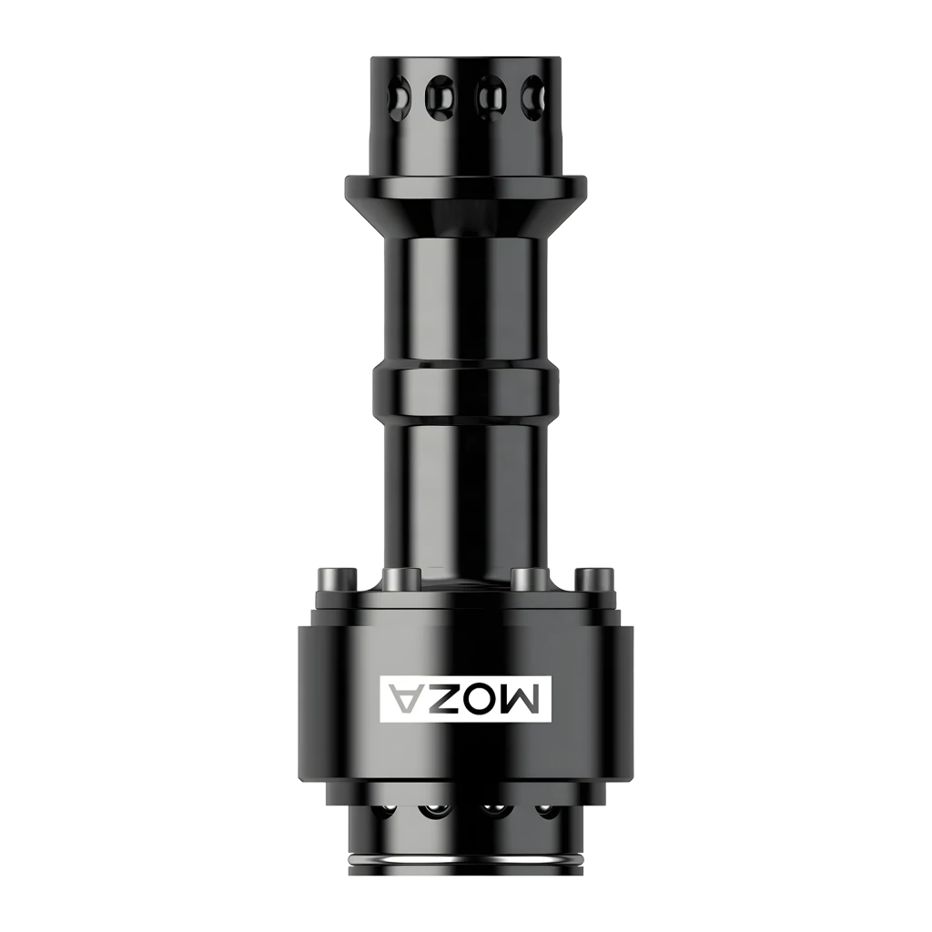 Moza Racing Barra extensora RS061 Negro, vista frontal: cuerpo cilíndrico negro con logo MOZA y perforaciones en extremos