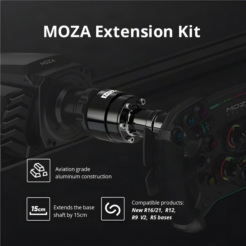 Moza Racing Barra extensora RS061 Negro, detalle: extensión de eje negro aluminio aeronáutico montada entre base y volante