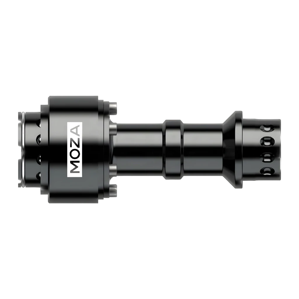 Moza Racing Barra extensora RS061 Negro, vista lateral: cuerpo cilíndrico negro con logo MOZA, conectores y orificios