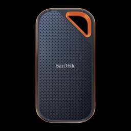 SanDisk SSD Extreme Pro V2 4TB preto laranja, vista frontal: superfície texturizada com pontos, alça laranja no canto