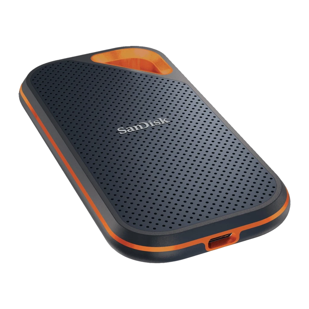 SanDisk SSD Extreme Pro V2 4TB negro naranja, vista frontal: superficie texturizada con puntos, asa naranja en esquina - Ítem1
