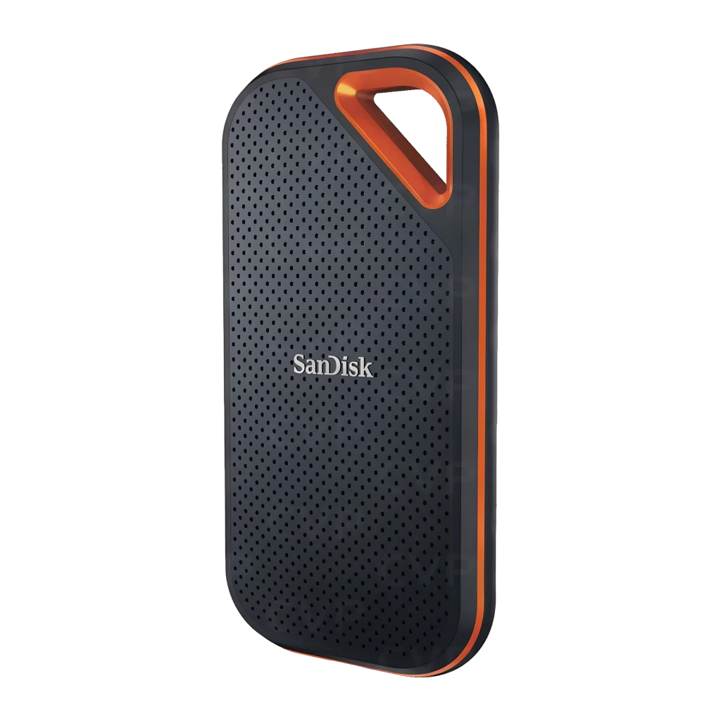 SanDisk SSD Extreme Pro V2 4TB negro naranja, vista frontal: superficie texturizada con puntos, asa naranja en esquina - Ítem3