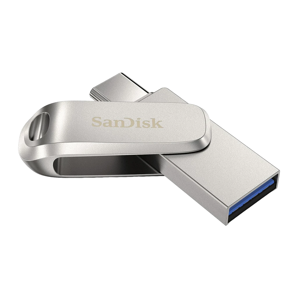 SanDisk Ultra Dual Drive Luxe 256GB plata, vista frontal: conector USB-C desplegado y cuerpo metálico con logo SanDisk - Ítem1
