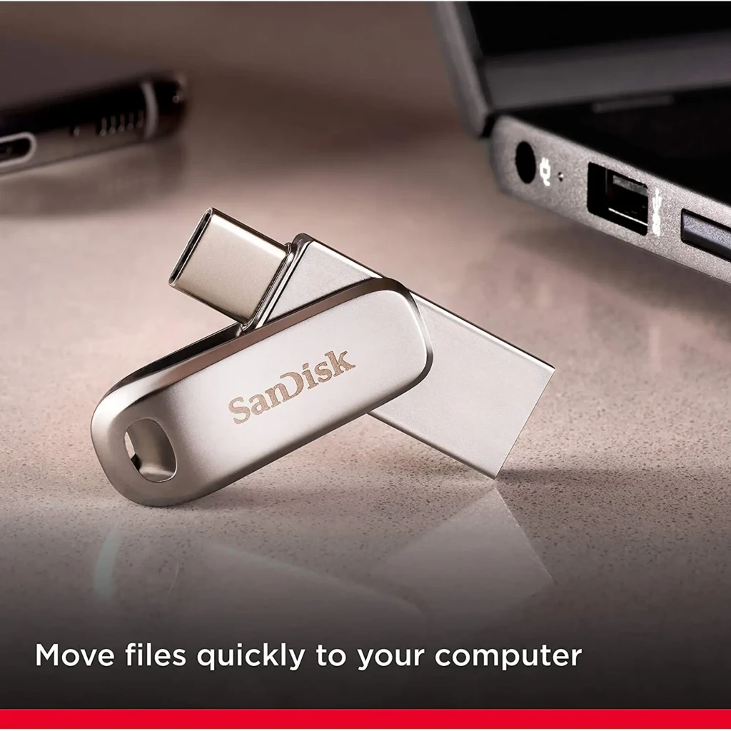 SanDisk Ultra Dual Drive Luxe 256GB plata, vista frontal: conector USB-C desplegado y cuerpo metálico con logo SanDisk - Ítem4