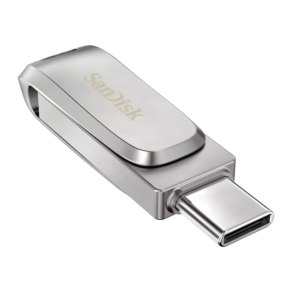 SanDisk Ultra Dual Drive Luxe 256GB plata, vista frontal: conector USB-C desplegado y cuerpo metálico con logo SanDisk - Ítem3