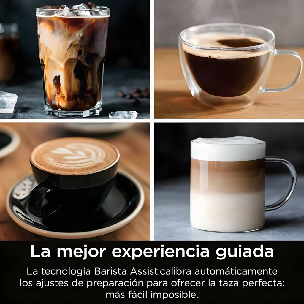 Ninja Luxe Cafe Essential ES501EU marrón, vista frontal: espresso cayendo en taza, molinillo y espumador laterales visibles - Ítem10