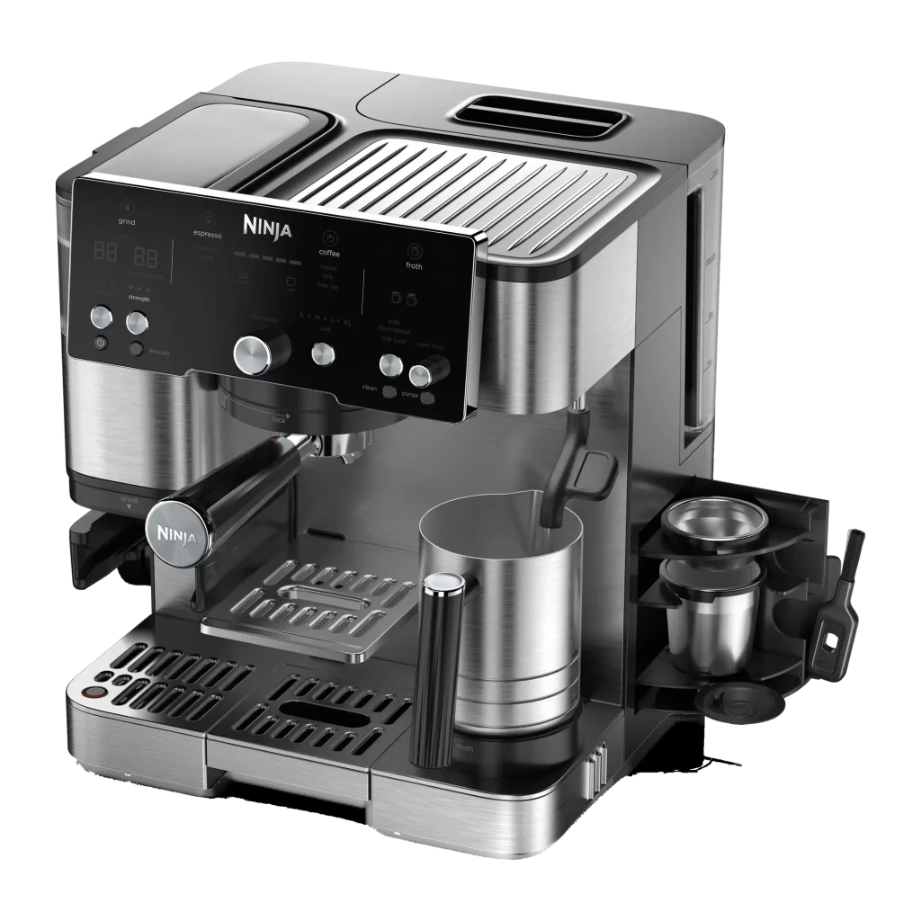 Ninja Luxe Cafe Essential ES501EU marrón, vista frontal: espresso cayendo en taza, molinillo y espumador laterales visibles - Ítem1