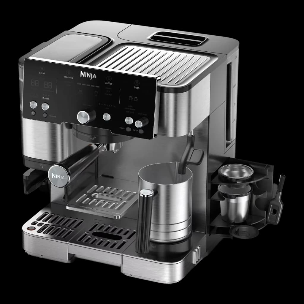 Ninja Luxe Cafe Essential ES501EU Cafeteira castanha, vista em ângulo: painel de controlo, porta-filtro, jarro e acessórios