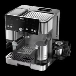 Ninja Luxe Cafe Essential ES501EU Cafeteira castanha, vista em ângulo: painel de controlo, porta-filtro, jarro e acessórios