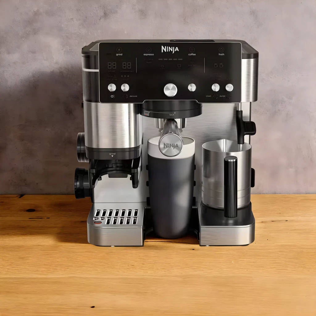 Ninja Luxe Cafe Essential ES501EU marrón, vista frontal: espresso cayendo en taza, molinillo y espumador laterales visibles - Ítem4