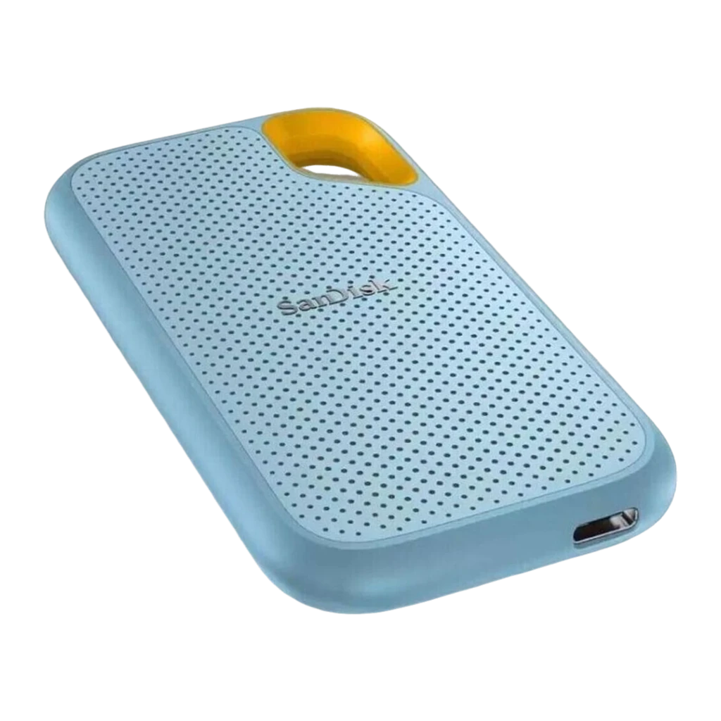 SanDisk Extreme Portable V2 2TB bleu, vue de face: surface perforée avec logo et mousqueton doré dans le coin supérieur - Ítem2
