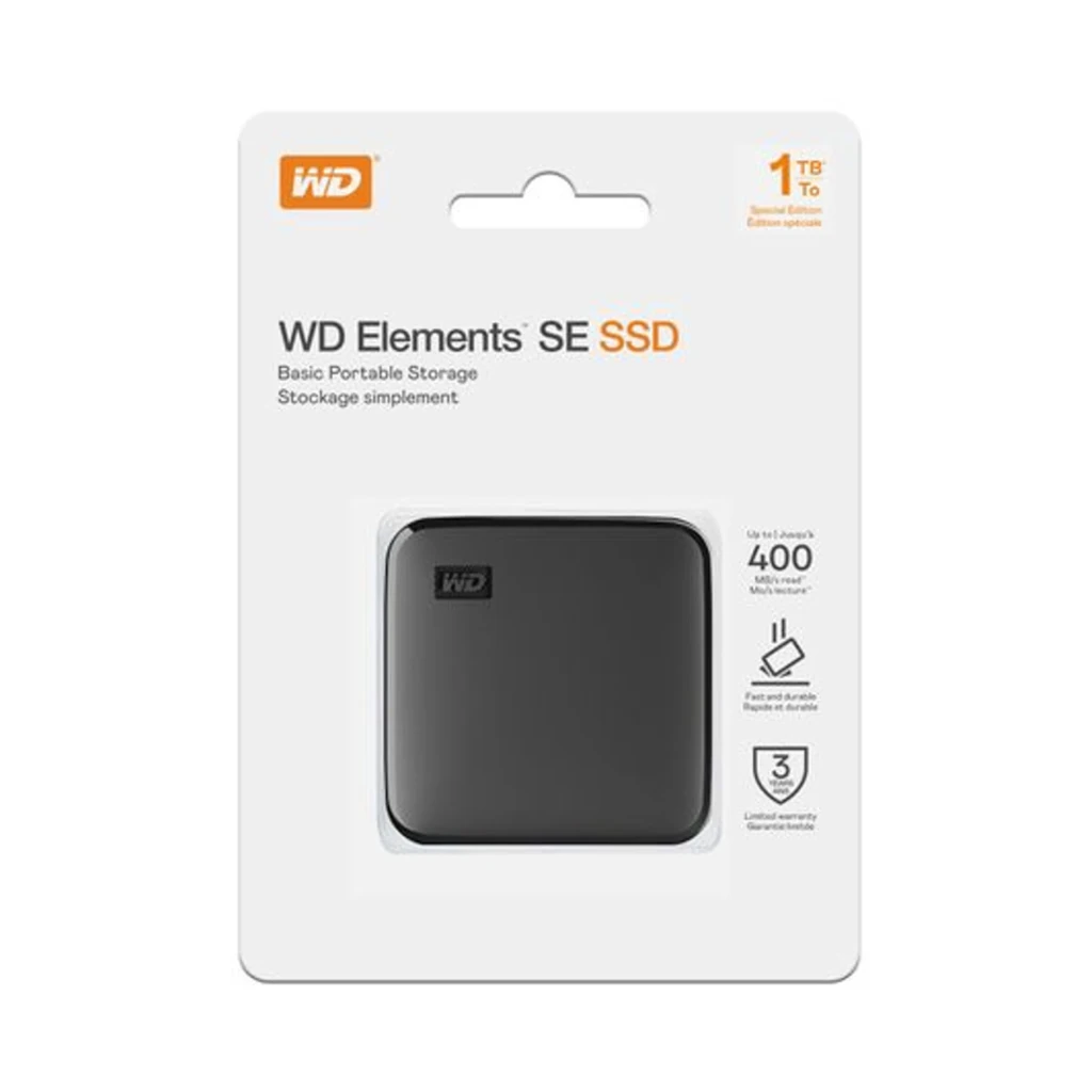 WD Elements SE WDBAYN0010BBK 1TB noir, vue de face: surface mate avec logo WD en relief et coins arrondis - Ítem3