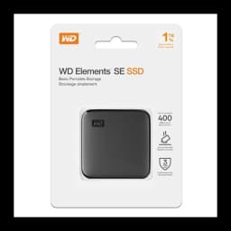 WD Elements SE SSD 1TB noir, boîte avant: emballage avec appareil noir et spécifications 400 Mo/s