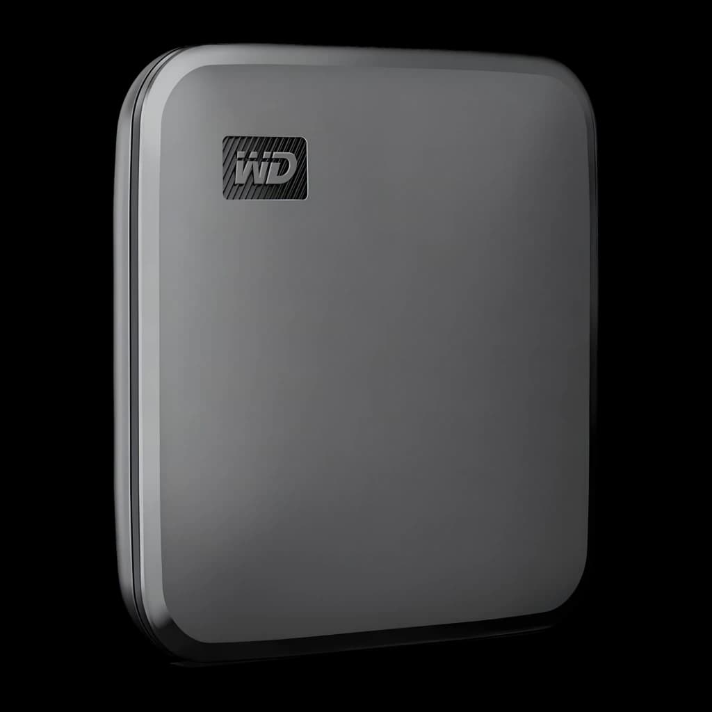 WD Elements SE SSD 1To noir, vue avant en angle: boîtier gris avec logo WD texturé dans le coin supérieur
