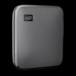 WD Elements SE SSD 1To noir, vue avant en angle: boîtier gris avec logo WD texturé dans le coin supérieur