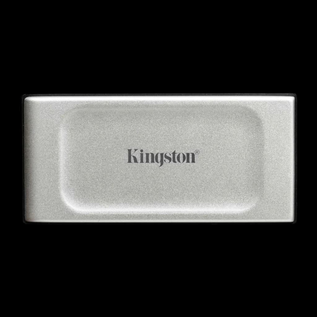 Kingston XS2000 1TB noir argent, vue de face: face supérieure plate avec logo Kingston centré et finition métallique argentée