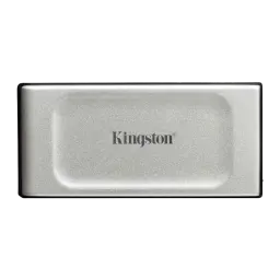 Kingston XS2000 1TB noir argent, vue de face: face supérieure plate avec logo Kingston centré et finition métallique argentée