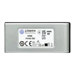 Kingston XS2000 1TB noir argent, vue arrière: étiquette avec modèle XS2000, certifications CE FC RoHS et capacité 500GB