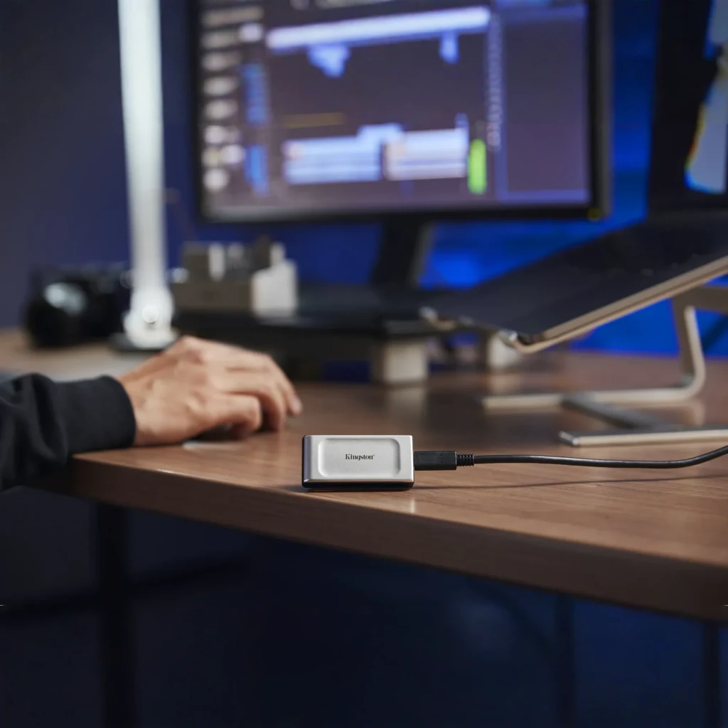 Kingston XS2000 1TB noir argent, utilisation: branché en USB-C sur bureau en bois avec moniteur et support laptop