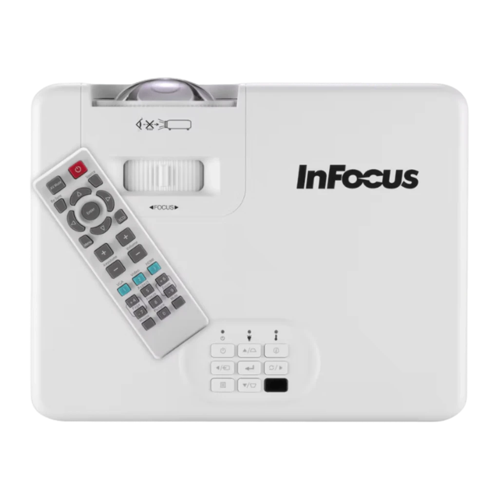 InFocus IN1028ST projecteur DLP blanc, vue de face: objectif grand angle et logo Quantum Laser - Ítem3