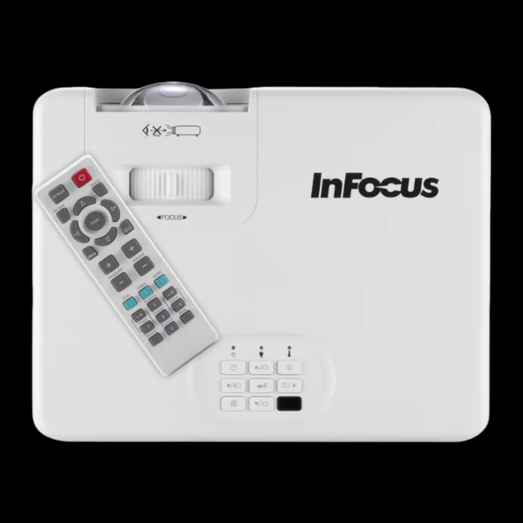 InFocus IN1028ST proyector DLP blanco, vista cenital: panel superior con mando a distancia incluido y rueda de enfoque