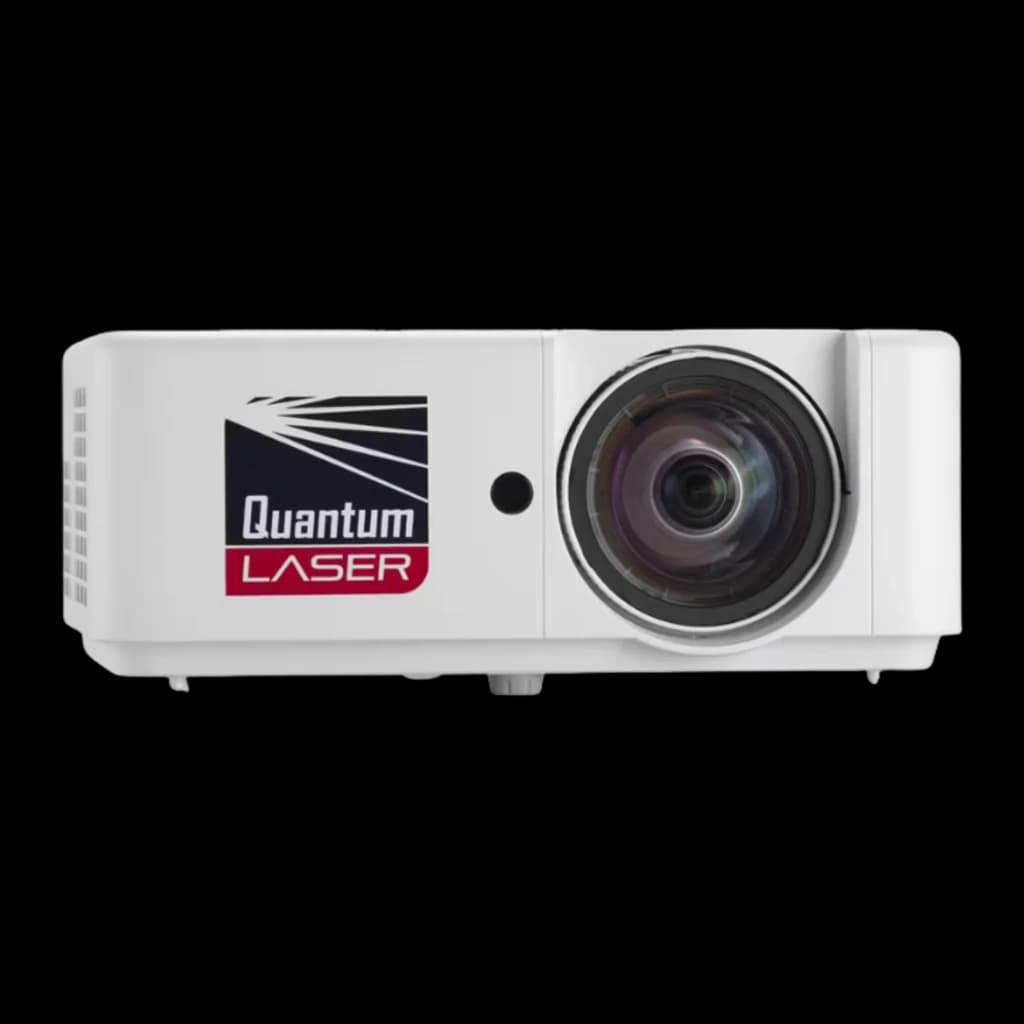 InFocus IN1028ST proyector DLP blanco, vista frontal: objetivo gran angular y logo Quantum Laser