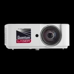 InFocus IN1028ST proyector DLP blanco, vista frontal: objetivo gran angular y logo Quantum Laser