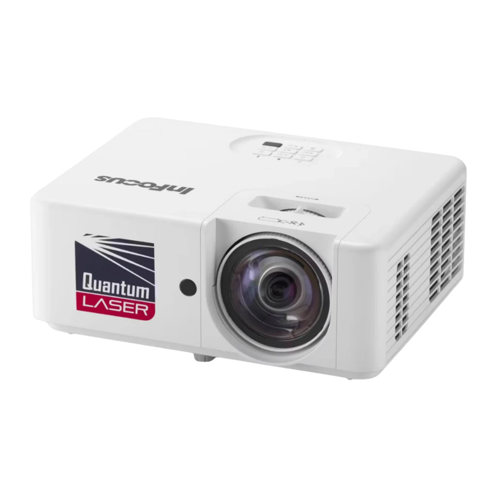 InFocus IN1028ST projecteur DLP blanc, vue de face: objectif grand angle et logo Quantum Laser - Ítem1