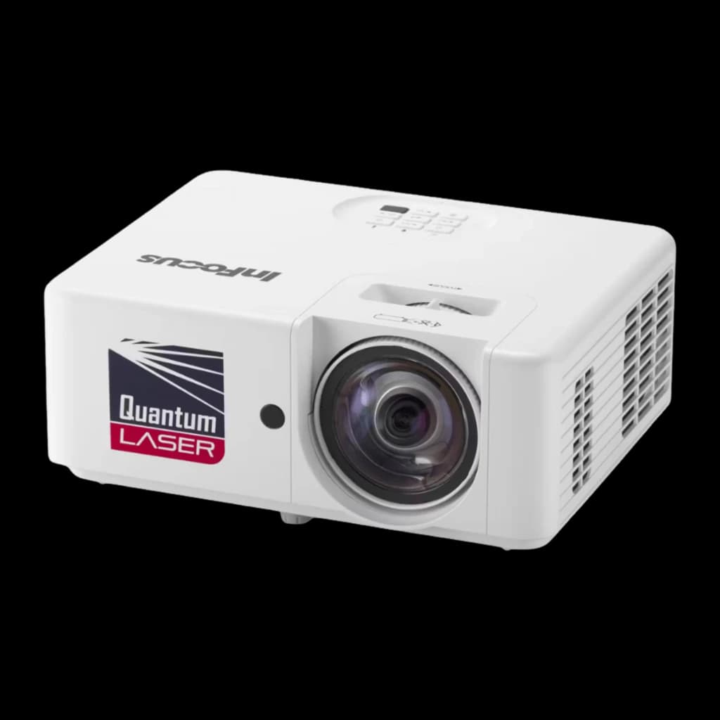 InFocus IN1028ST proyector DLP blanco, vista en perspectiva superior izquierda: panel de control y rejilla lateral