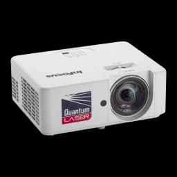 InFocus IN1028ST proyector DLP blanco, vista en perspectiva superior derecha: rejilla de ventilación lateral visible
