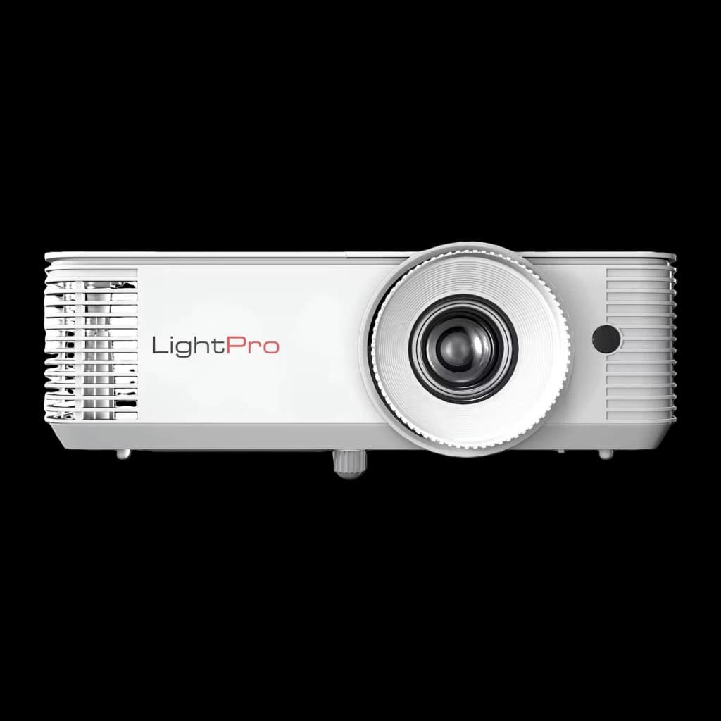 InFocus IN114 Proyector DLP XGA 2700 Lúmenes blanco, vista frontal: lente central, rejillas laterales y logo LightPro