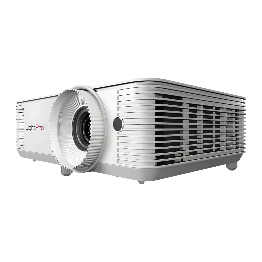 InFocus IN114 Projecteur DLP XGA 2700 Lumens blanc, vue avant: objectif central, grilles latérales et logo LightPro - Ítem1
