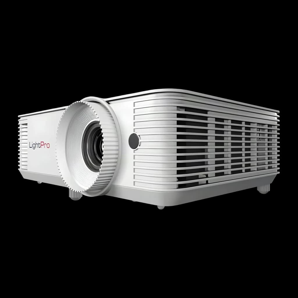 InFocus IN114 Proyector DLP Portátil Blanco, vista frontal lateral: objetivo, rejillas ventilación y logo LightPro