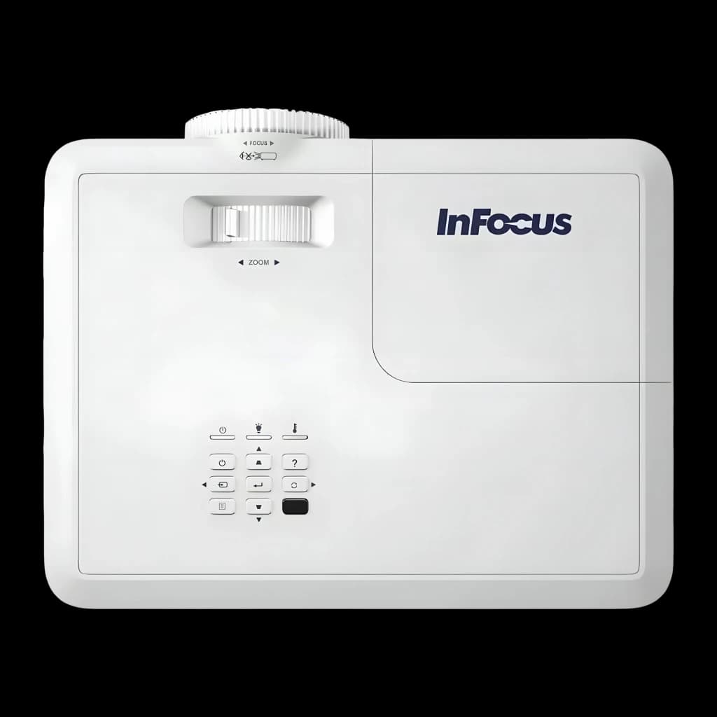 InFocus IN114 Proyector DLP XGA 2700 Lúmenes blanco, vista superior: panel de control, rueda de zoom y logo InFocus