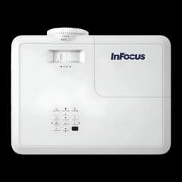 InFocus IN114 Proyector DLP XGA 2700 Lúmenes blanco, vista superior: panel de control, rueda de zoom y logo InFocus