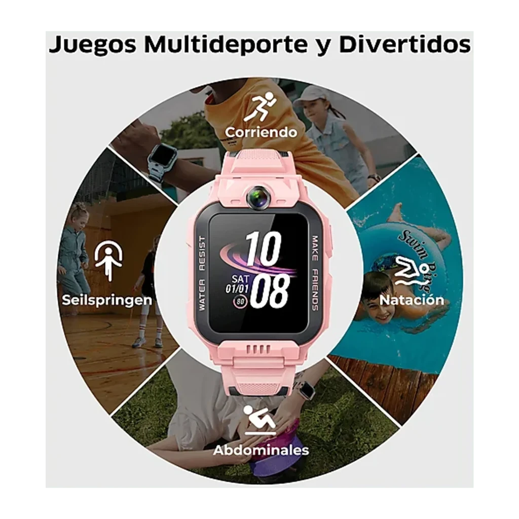imoo Watch Phone Z7 4GB Azul, infográfico: jogos multiesporte com corrida, natação, abdominais e saltar corda