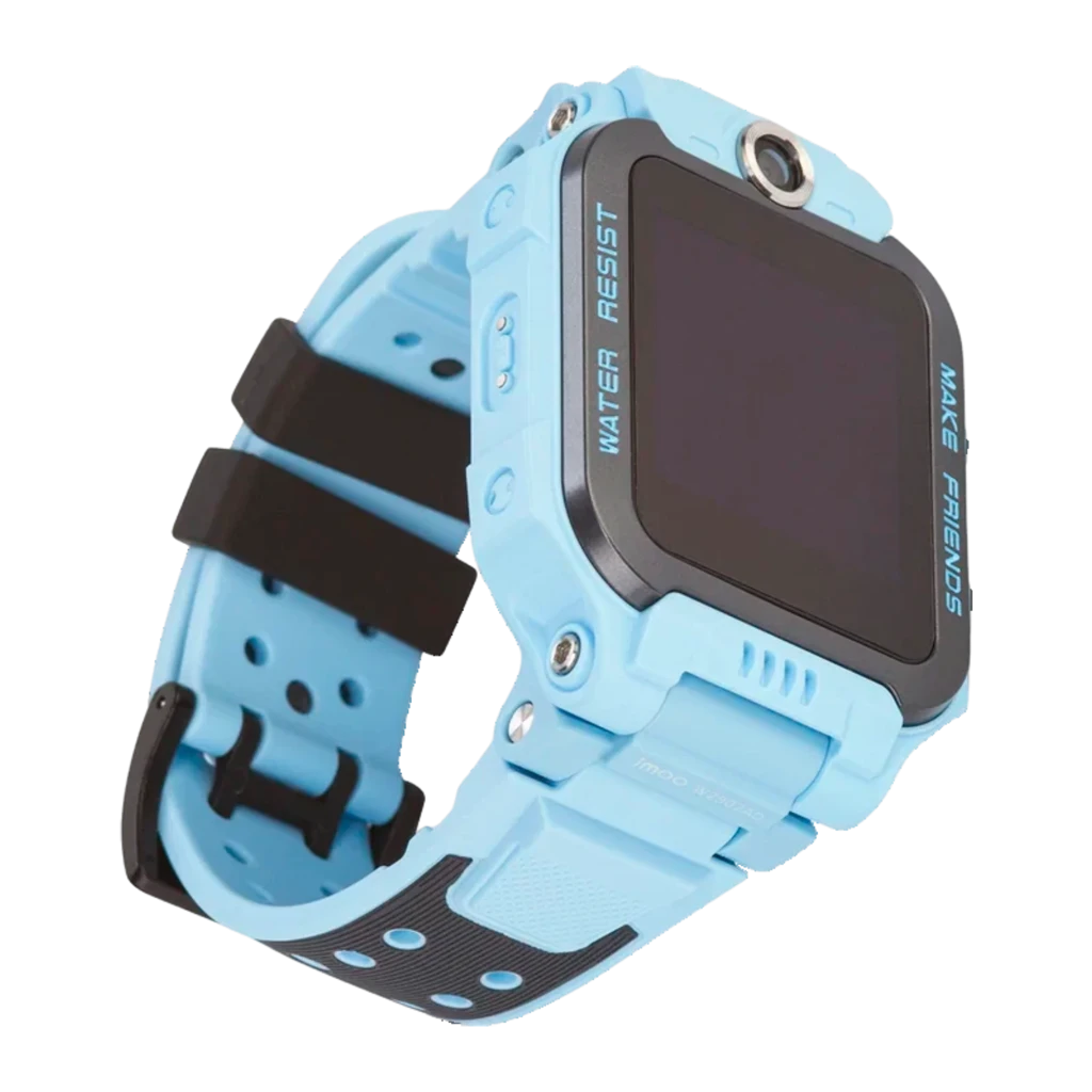 imoo Watch Phone Z7 4GB Azul, vista lateral: carcaça azul com pulseira bicolor, câmera frontal e texto WATER RESIST