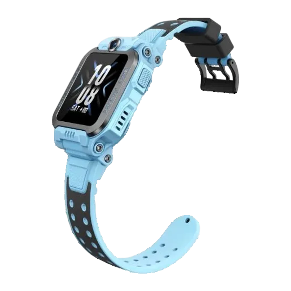 imoo Watch Phone Z7 4GB Azul, vista lateral: ecrã com hora, câmara frontal, bracelete bicolor azul e preto perfurada