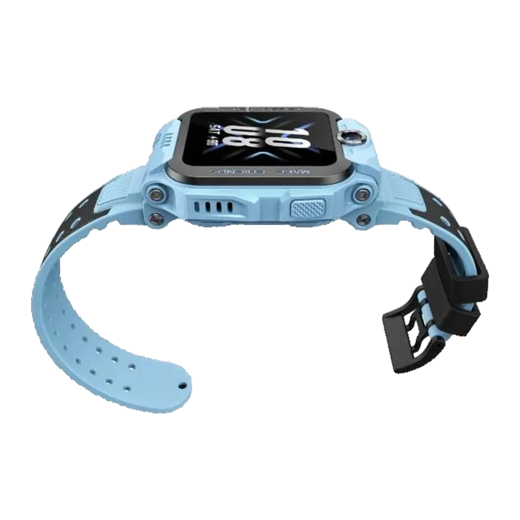 imoo Watch Phone Z7 4GB azul, vista lateral traseira: pulseira azul e preta, caixa cinza com botões e ecrã ativo invertido