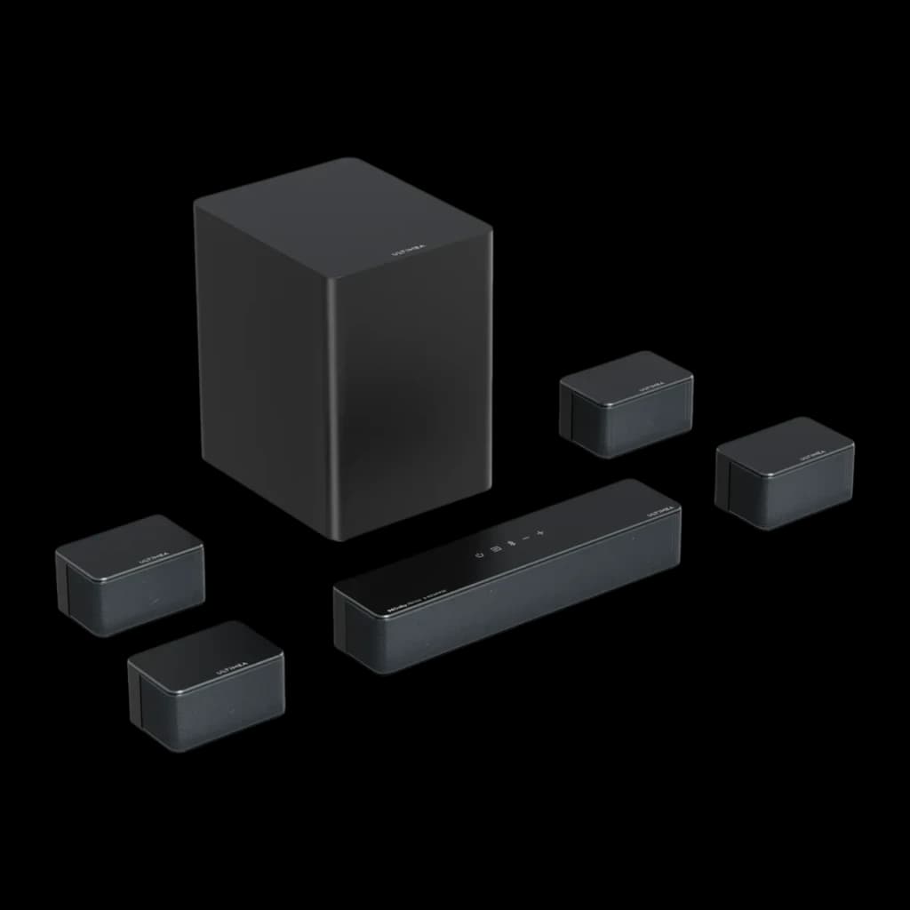 Ultimea Poseidon D80 BOOM Soundbar negro, vista conjunto: barra, subwoofer y 4 altavoces satélite negros en perspectiva