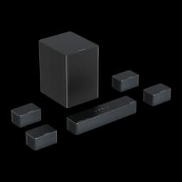 Ultimea Poseidon D80 BOOM Soundbar negro, vista conjunto: barra, subwoofer y 4 altavoces satélite negros en perspectiva
