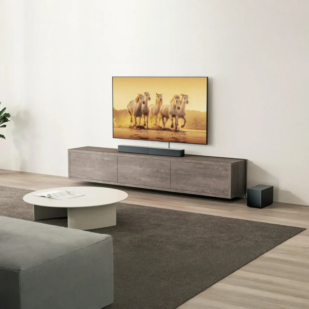 Ultimea Poseidon D80 BOOM Soundbar preto, vista conjunto: barra, subwoofer e 4 satélites pretos em perspetiva - Item3