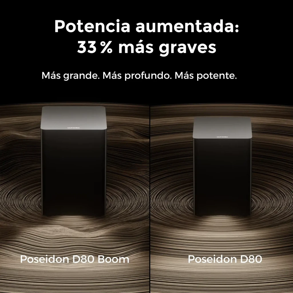 Ultimea Poseidon D80 BOOM Soundbar preto, vista conjunto: barra, subwoofer e 4 satélites pretos em perspetiva - Item4