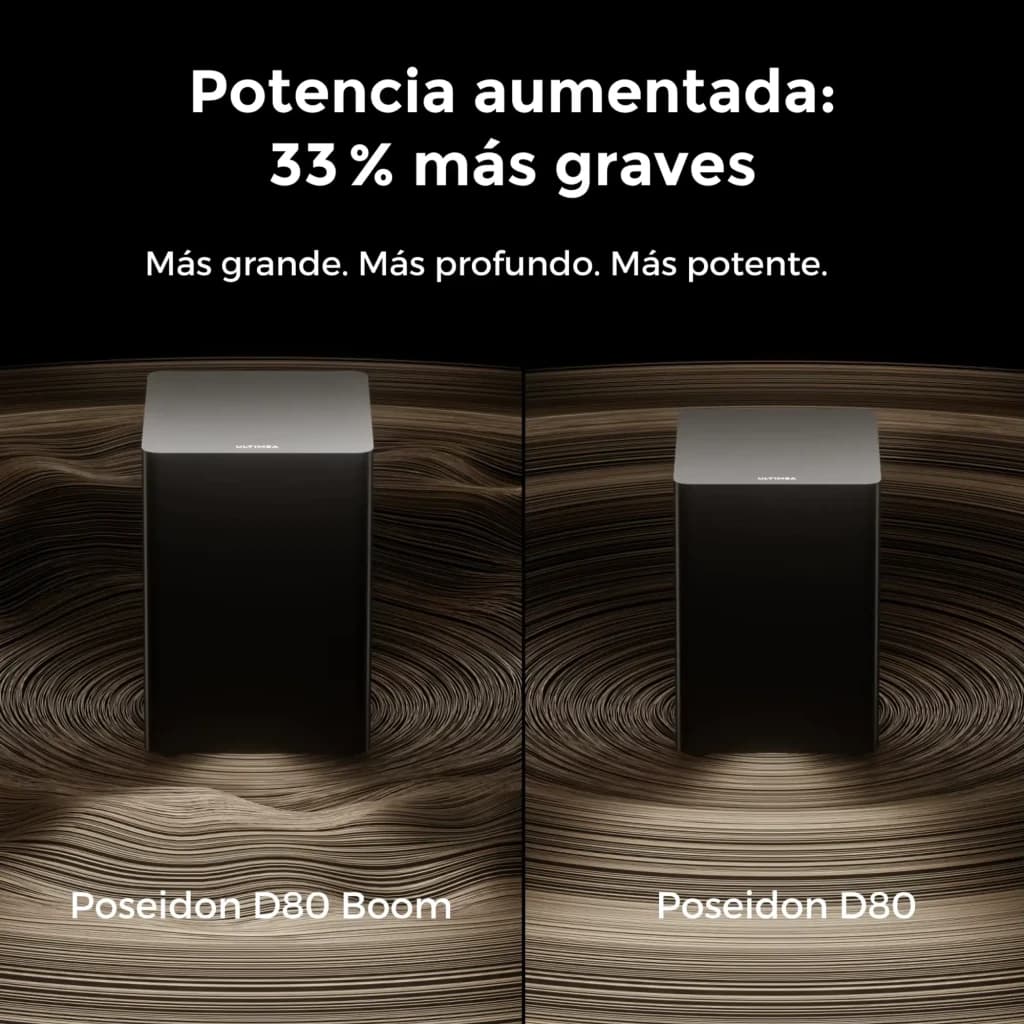 Ultimea Poseidon D80 BOOM Soundbar Negro, comparativa: subwoofer D80 BOOM vs D80 estándar, mayor tamaño y 33% más graves