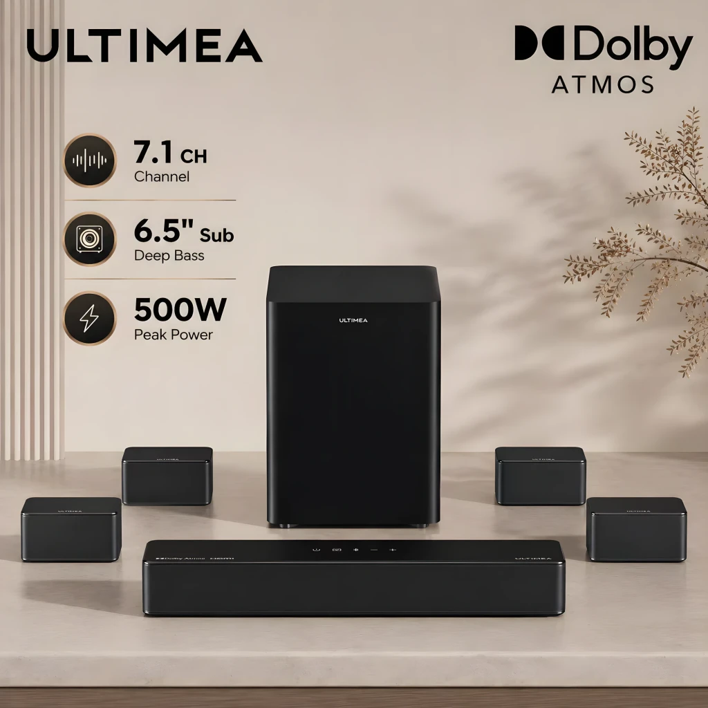 Ultimea Poseidon D80 BOOM Soundbar preto, vista conjunto: barra, subwoofer e 4 satélites pretos em perspetiva - Item5