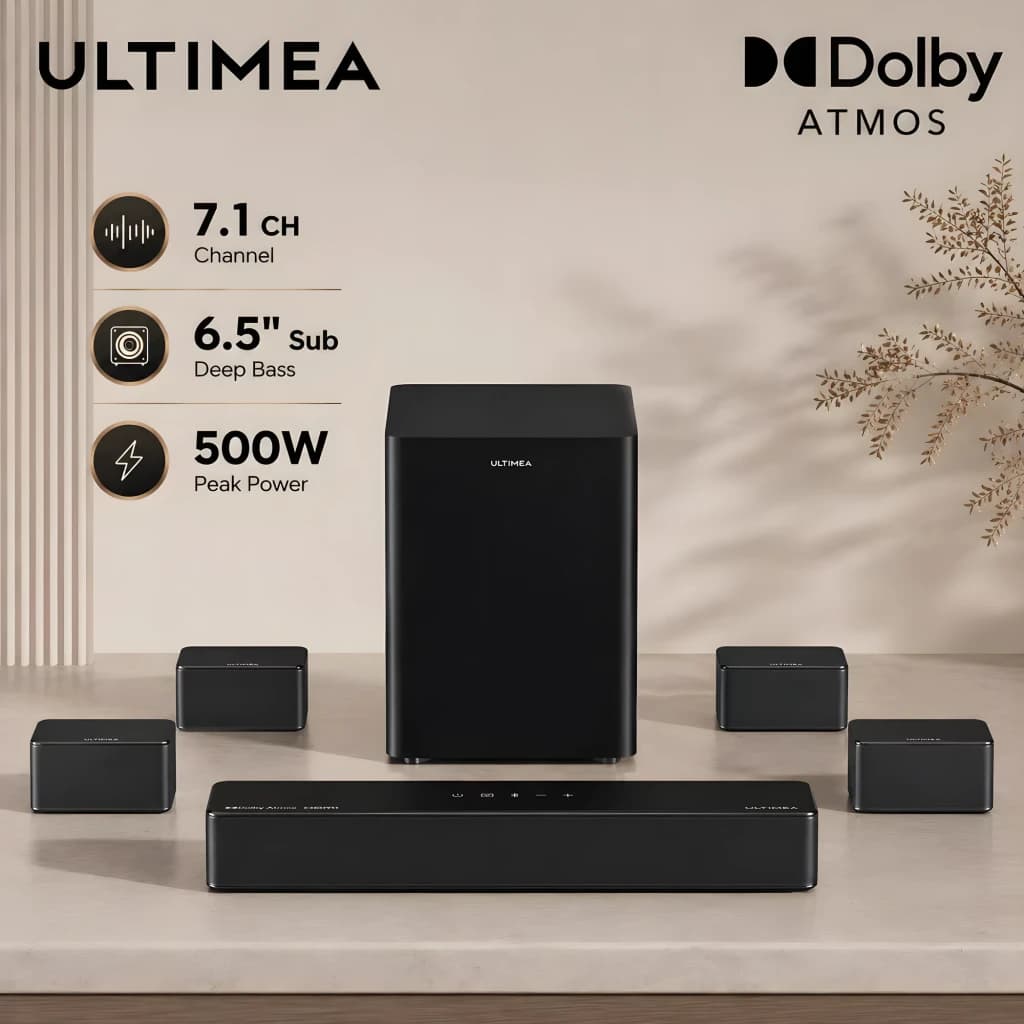 Ultimea Poseidon D80 BOOM Soundbar Negro, vista conjunto: barra, subwoofer 6.5" y 4 satélites negros, Dolby Atmos 7.1CH 500W