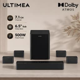 Ultimea Poseidon D80 BOOM Soundbar Negro, vista conjunto: barra, subwoofer 6.5" y 4 satélites negros, Dolby Atmos 7.1CH 500W