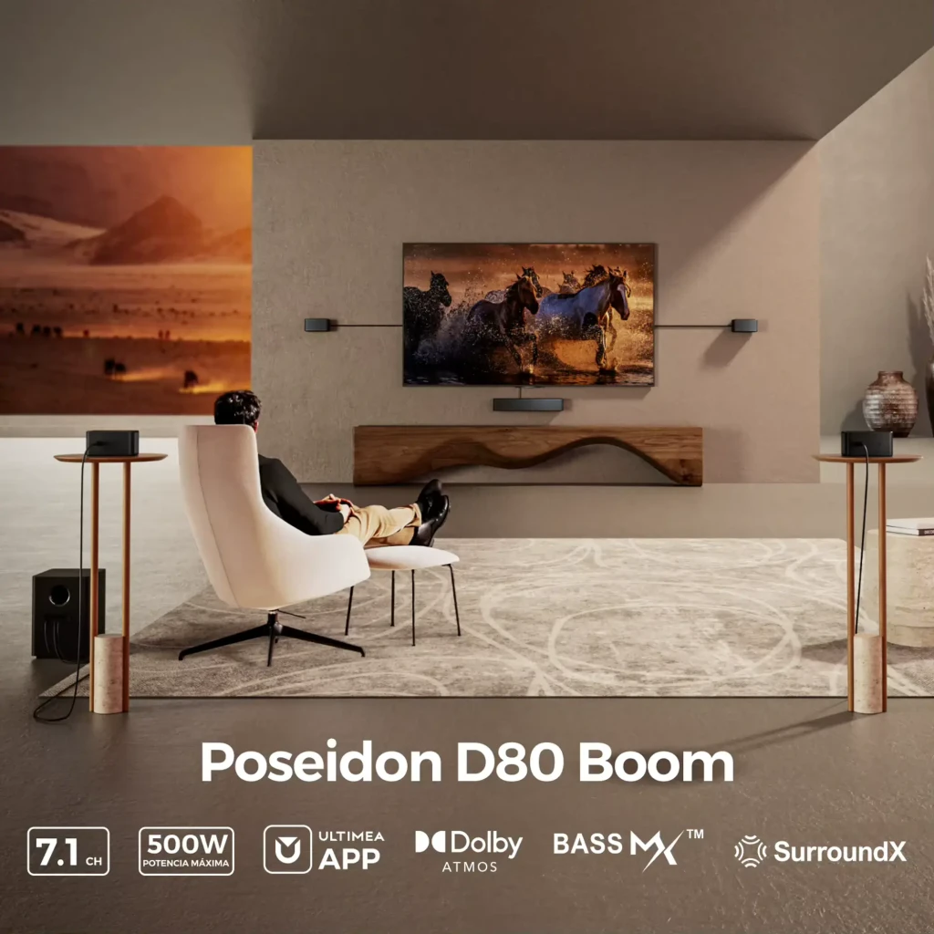 Ultimea Poseidon D80 BOOM Soundbar preto, vista conjunto: barra, subwoofer e 4 satélites pretos em perspetiva - Item6