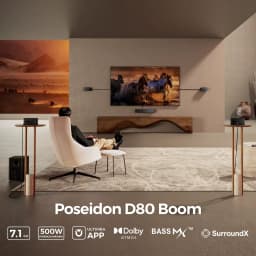 Ultimea Poseidon D80 BOOM Soundbar Negro, escena: sistema 7.1ch con barra, subwoofer y altavoces satélite en salón
